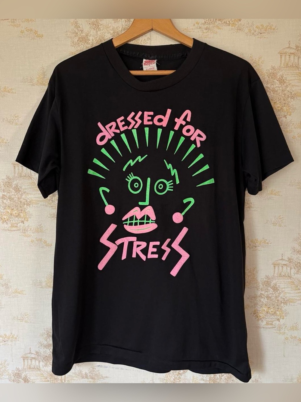 Vintage 80s Dressed For Stress Tee Black Green Pink Retro Novelty Art XL